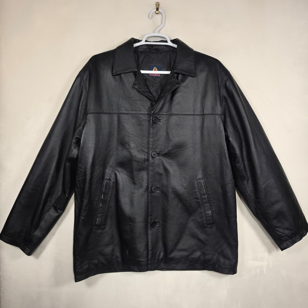 Burnside Leather Jacket XL Black Button Front Pebbled Welt Pockets